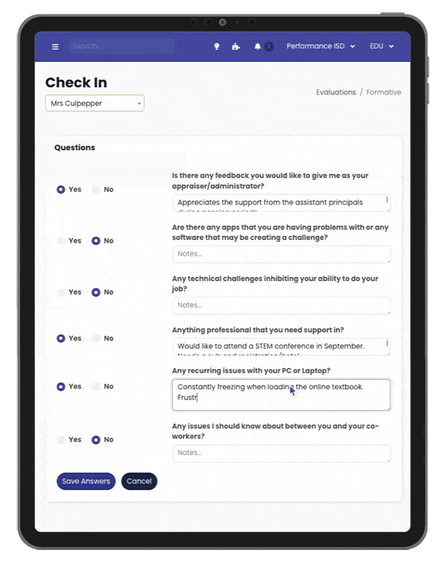 Check-Ins Whole-Person<br />
Our application breaks down goal data and alignment down even further into individuals' objectives, engagement, expectations understanding, reviews, and aggregate feedback for a better understanding of the whole person, not just small facits.